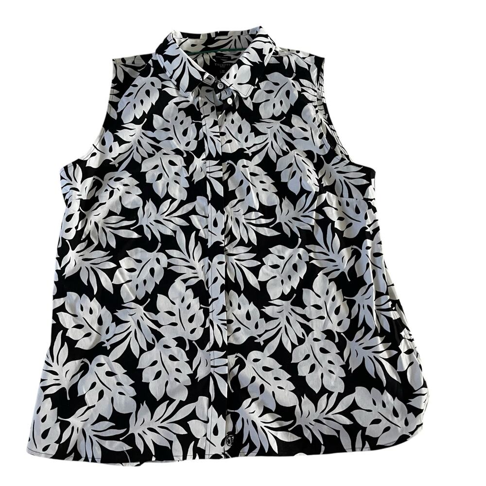 NWT Talbots Black White Palm Leaf Wrinkle Resistant Button Up Tank Plus Sz 16P